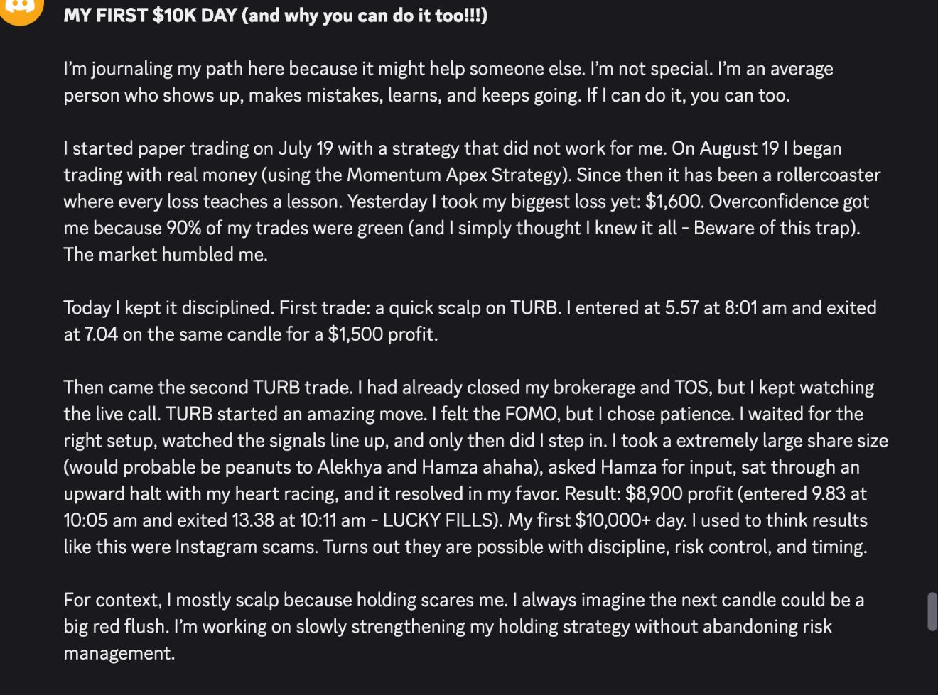 First $10K day -- discipline & risk control